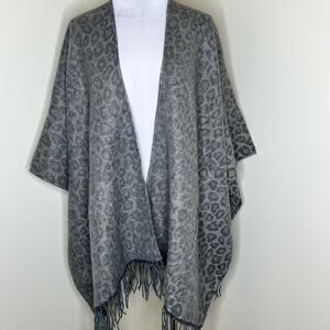Woolrich Blanket Shawl Cardigan OS Wrap Leopard Print Fringe Poncho Cape Fleece